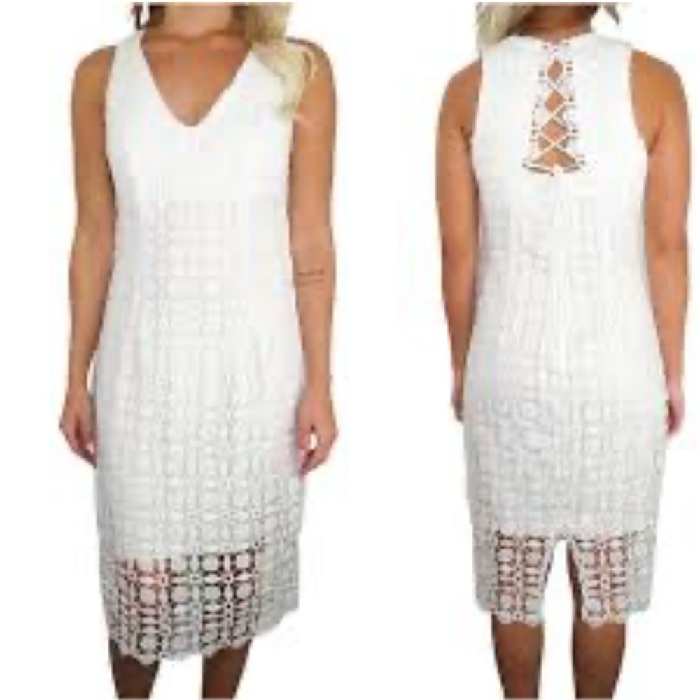Bisou Bisou Lace Dress Women's Sz 6 White Eyelet Sheath Pencil Lined - Picture 8 of 8